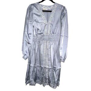 Lovestitch  Women's Long Sleeve Embroidered Lace Trim Dress Light Gray Polyester